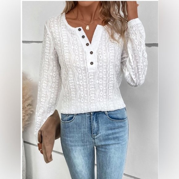 White Eyelet Embroidery Half Button Front Tee - Picture 4 of 7